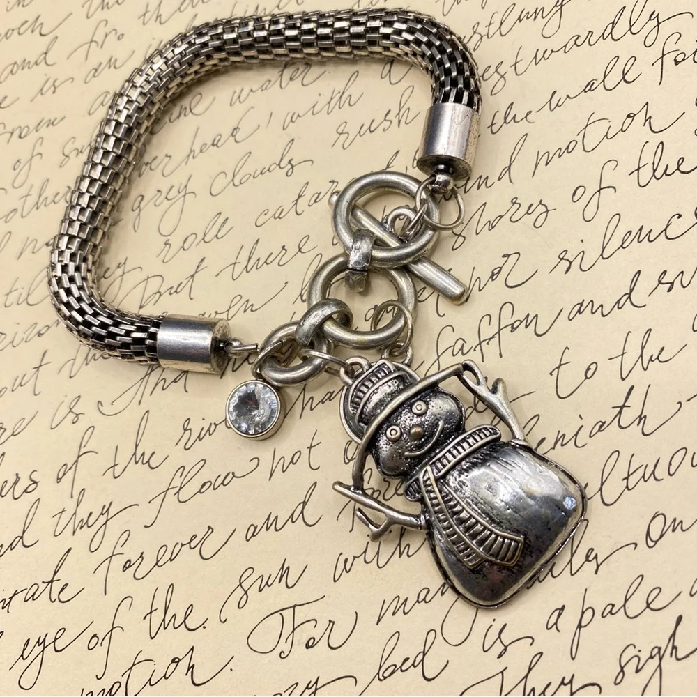 Snowman Silvertone Mesh Bracelet With Toggle Clasp